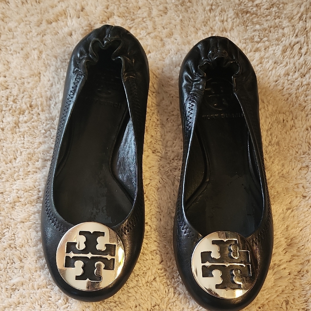 Tory Burch Black Leather Flats with Silver Logo